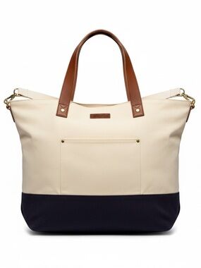 Two-Tone Canvas Tote Bag in Cream and Navy with Brown Handles